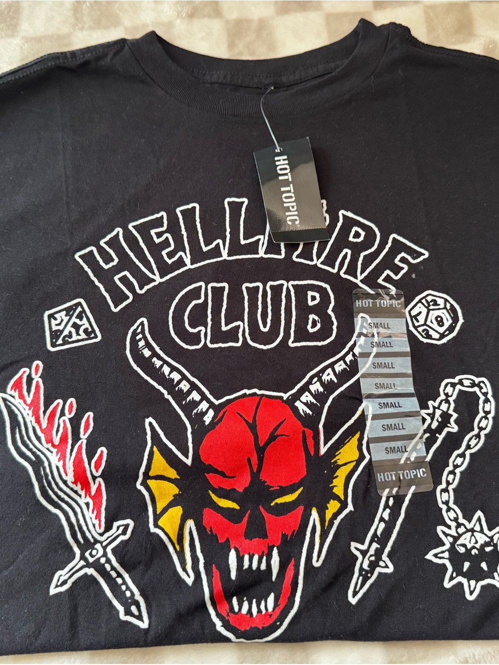 Netflix Black Hellfire Club Graphic Tee with Red and Yellow Print